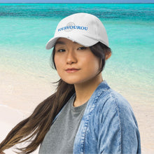 Load image into Gallery viewer, Vourvourou Chalkidiki Greece sailing white baseball hat. Frayed 100% cotton trendy baseball hat for the beach, trekking, hiking, or sailing this summer. Blue on white embroidery made in Europe.