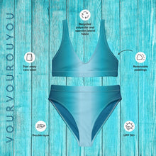 Load image into Gallery viewer, Vourvourou Eco friendly no-wire Aegean color bathing suit for blending into the Aegean sea. It is also suitable for beach-side yoga practice. This bathing suit is made of recycled polyester.