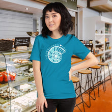 Load image into Gallery viewer, Vourvourou Aqua 100% Cotton T-Shirt. Men's summer t-shirt. Women's summer t-shirt. Greek Sommer 2021 collection. Beachside cafe culture.