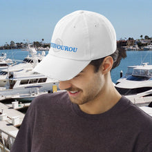 Load image into Gallery viewer, Vourvourou Chalkidiki Greece sailing white baseball hat. Frayed 100% cotton trendy baseball hat for the beach, trekking, hiking, or sailing this summer. Blue on white embroidery made in Europe.