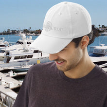 Load image into Gallery viewer, A perfectly understated summer baseball hat with white on white embroidery. Flows seamlessly with the Greek summer lifestyle. Chill on the beach, sail the Aegean, sip your iced coffee.  Each hat is individually embroidered in Europe when you order.
