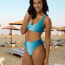 Load image into Gallery viewer, Eco-friendly no-wire Aegean color bathing suit for blending into the Aegean sea. It is also suitable for beach-side yoga practice. This bathing suit is made of recycled polyester. Vourvourou Chalkidiki Greece.
