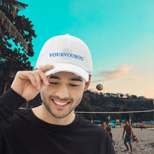 Load image into Gallery viewer, Vourvourou Chalkidiki Greece sailing white baseball hat. Frayed 100% cotton trendy baseball hat for the beach, trekking, hiking, or sailing this summer. Blue on white embroidery made in Europe.
