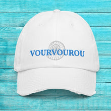 Load image into Gallery viewer, Vourvourou Chalkidiki Greece sailing white baseball hat. Frayed 100% cotton trendy baseball hat for the beach, trekking, hiking, or sailing this summer. Blue on white embroidery made in Europe.
