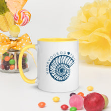 Load image into Gallery viewer, Vourvourou Loves You Mug with Yellow Hangle and Inside
